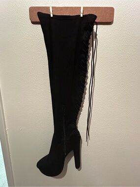 Over the Knee Black Lace-Up Block Heel Boots
